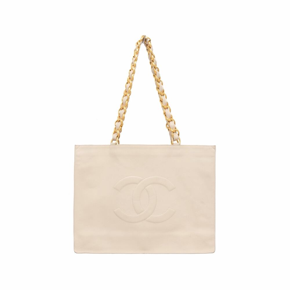 Chanel Vintage 90s CC Jumbo Chain XL Tote Beige Lambskin 24K GP Lagerfeld Era